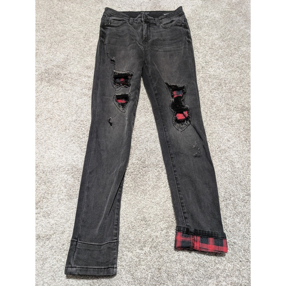 Judy Blue Jeans Womens 5/27 Black Plaid Patch Distressed Skinny JB82191BK Grunge